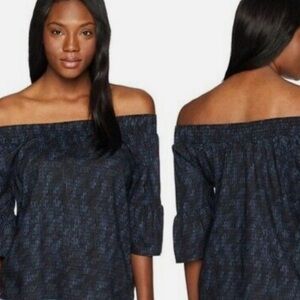 PrAna Chrysa Off the Shoulder Women’s Top 100% Tencel szSmall. Black/Blue. EUC.